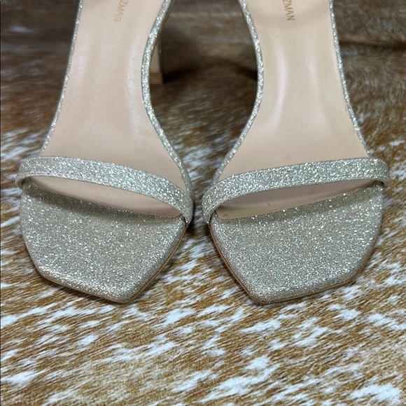 EUC Stuart Weitzman Nudistcurve 4” US 5, Silver Glitter Heels Sparkle Stiletto - Picture 3 of 14